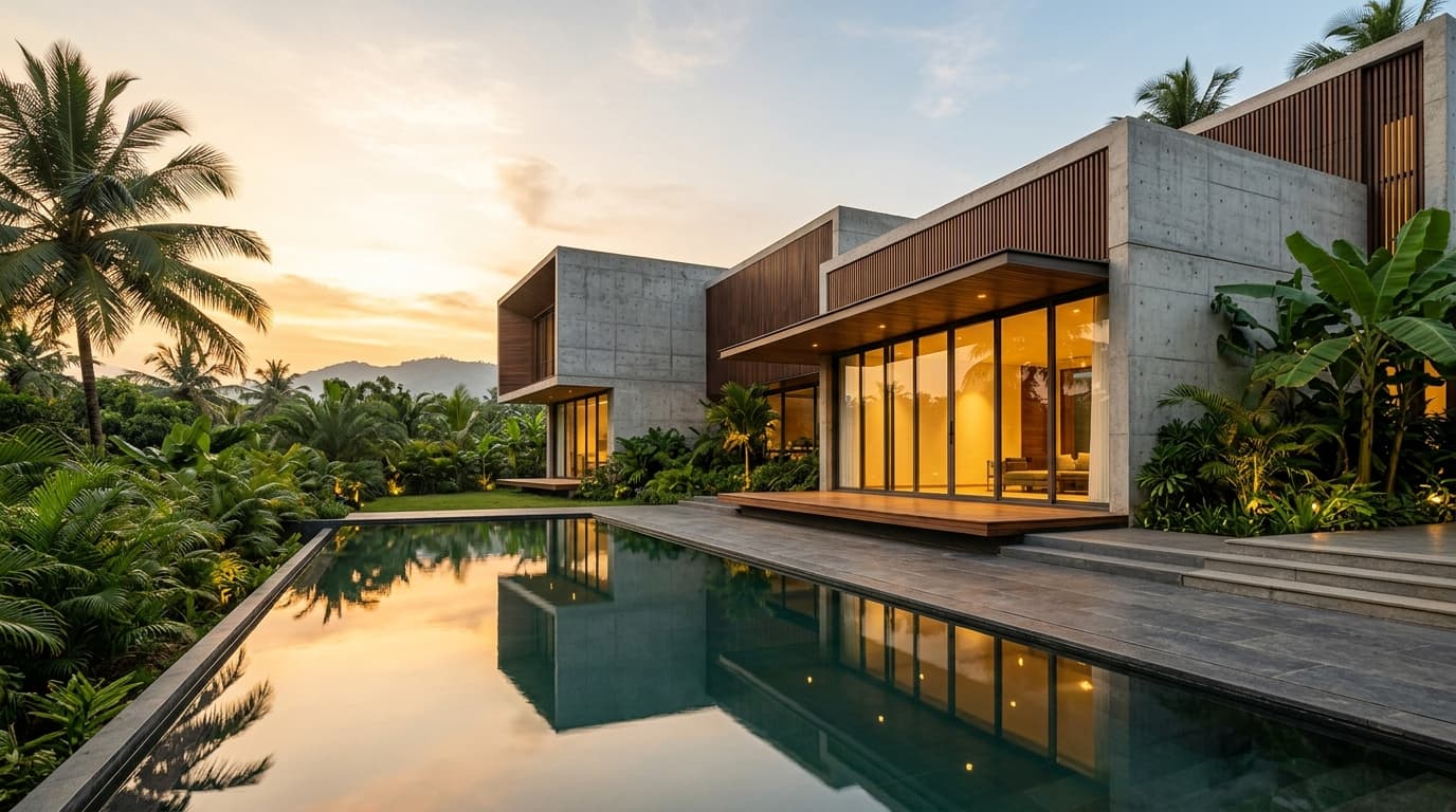 PCSS modern tropical residential architecture exterior with pool